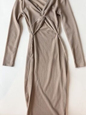 Ribbed Twist-Front Long Sleeve Midi Dress in Taupe
